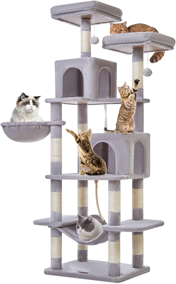 Taoqimiao Cat Tree, 71.7-Inch Cat Tower for Indoor Cats, Plush Multi-Level Cat Condo with 13 Scratching Posts, 2 Perches, 2 Caves, Hammock, 2 Pompoms,Light Gray MS013LW-Mewly Pet