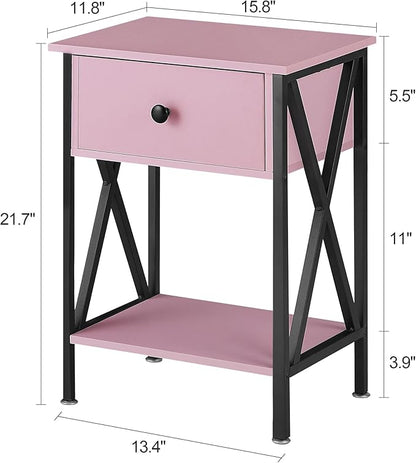 VECELO Nightstands Set of 2, Modern Bedside End Tables, Night Stands with Drawer and Storage Shelf for Living Room Bedroom, Industrial Metal Frame