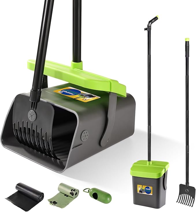 Pooper Scooper Swivel Bin & Rake Kit with 35 Bags – 46" Long Handle Heavy Duty Dog Poop Scooper with Bag Attachment, Yard Pet Waste Cleanup Tool for Large Medium Small Dogs-Mewly Pet