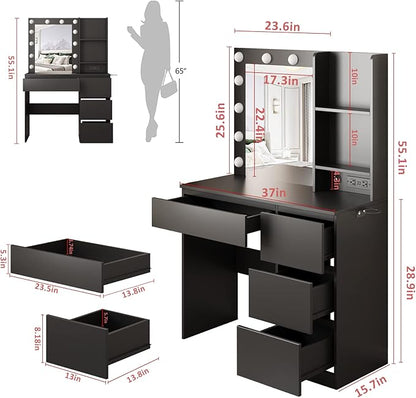 Vabches Makeup Vanity with Lights, 37inch Vanity Desk with Power Strip, 4 Drawers Makeup Table with Lighted Mirror, 3 Lighting Colors,Black