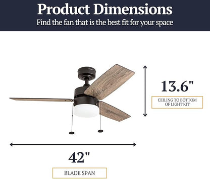Prominence Home Reston, 42 Inch Modern Farmhouse LED Ceiling Fan with Light, Pull Chain, Dual Mounting Options, Dual Finish Blades, Reversible Motor - 51015-01 (Bronze)