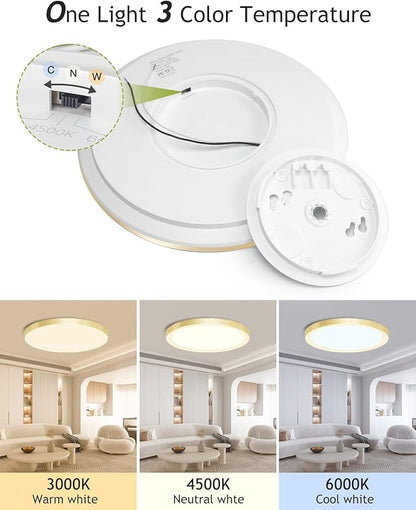hepside 1PACK Flush Mount LED Ceiling Light Fixture Golden, 12Inch 28W, Dimmable 3000K-4500K-6000K 3 Color Selectable Ceiling Lamp 3200LM Low Profile Ceiling Light for Kitchen Bedroom Hallway