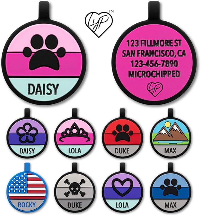 LYP Original Soundless Pet ID Tags | Custom Dog Tags Personalized for Pets | Durable Silicone Deep Engraved Dog Tag | No More Jingling | Pink Paw-Mewly Pet