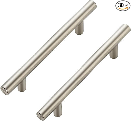 JOY DECOR 30 Pack Cabinet Handles, Brushed Nickel Cabinet Pulls, 4 in Hole Center Kitchen Cabinet Handles, Stainless Steel T Bar Handles for Dresser Drawers