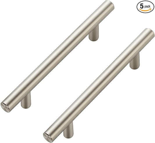 JOY DECOR 5 Pack Cabinet Handles, Brushed Nickel Cabinet Pulls, 4 in Hole Center Kitchen Cabinet Handles, Stainless Steel T Bar Handles for Dresser Drawers
