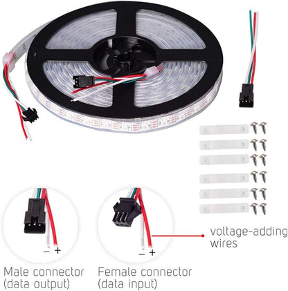 BTF-LIGHTING WS2812B RGB ECO LED Strip, Chasing Effects 5050SMD Individually Addressable 16.4FT 60Pixels/m 300Pixels Flexible Dream Color IP67 for Bedroom DIY Projects DC5V(No Adapter or Controller)