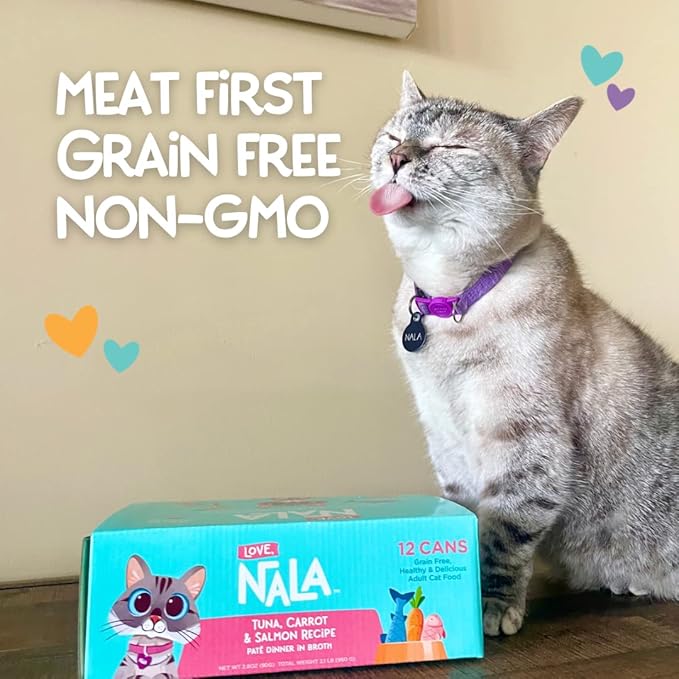 LOVE, NALA - Natural Adult Cat Wet Food - Pate Tuna, Carrot, & Salmon Recipe - Grain Free, Non-GMO, Digestive Fiber Blend, Minerals, Vitamins - 12 Pack 2.4 lbs.-Mewly Pet