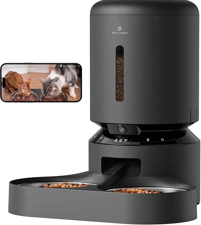 PETLIBRO Automatic Cat Feeder with Camera for Two Cats, 1080P HD Video with Night Vision, 5G WiFi Pet Feeder with 2-Way Audio for Cat & Dog, Low Food & Motion & Sound Alerts, Dual Tray, Black 5L-Mewly Pet