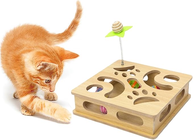 Interactive Wooden Cat Puzzle Toy Box Indoor Hunting Play Toy to Stimulate Your Cat’s Energy and Instincts (Burlywood)-Mewly Pet