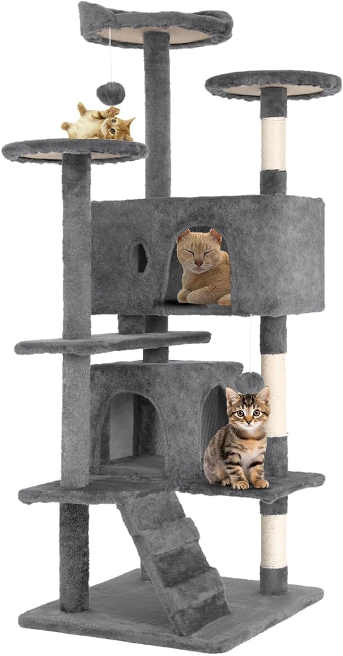 54.7 Inches Cat Tower for Indoor Cats, Multi-Level Cat Condos with Scratching Posts, Hanging Toys, Light Gray-Mewly Pet