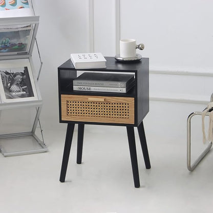 MaxSmeo End Table with Storage Mid Century Nightstand with Rattan Drawer and Shelf, Wood Small Side Coffee Table for Small Space, Living Room and Bedroom, Easy Assembly (Black)