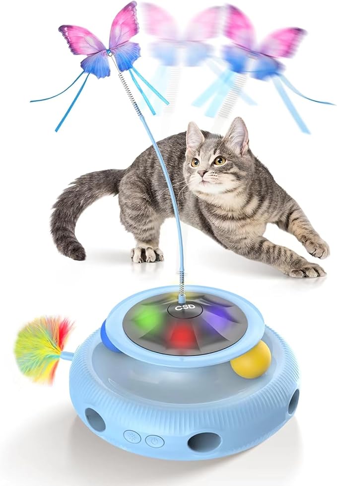 Automatic Interactive Cat Toys for Indoor Cats & Bored Adults - Kitten Toys with Fluttering Butterfly, Ambush Feather & Track Balls - Exercise & Stimulation for Playful Cats (Sky Blue)-Mewly Pet