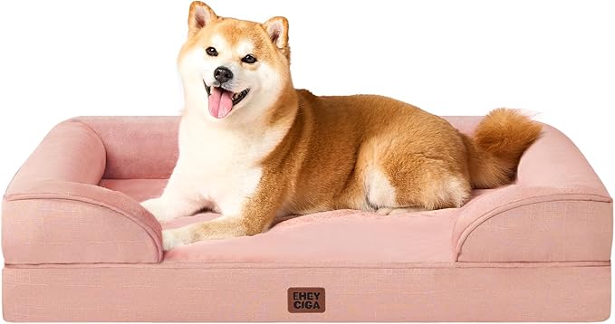 EHEYCIGA Orthopedic Dog Beds for Large Dogs, Waterproof Memory Foam Large Dog Bed with Sides, Non-Slip Bottom and Egg-Crate Foam Pet Couch Bed with Washable Removable Cover, Dusty Pink-Mewly Pet