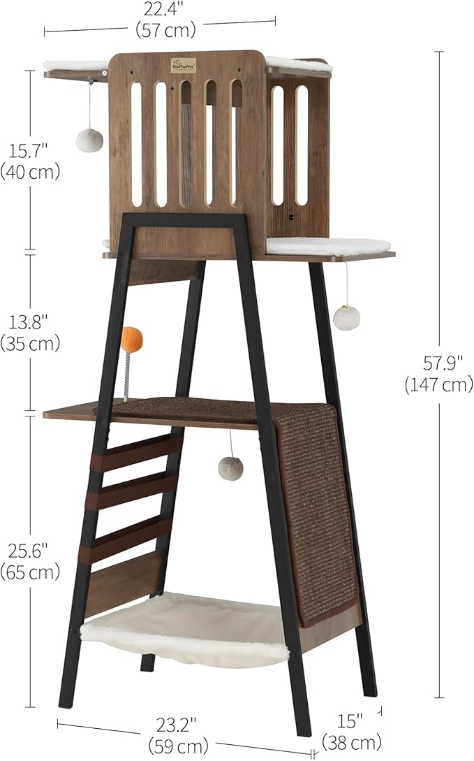 FourFurPets Modern Cat Tree, 58-Inch Cat Tower for Large Cats, Maine Coon Cat Tree with Scratching Board, Large Perch, Hammock and Removable Pads, Greige-Mewly Pet