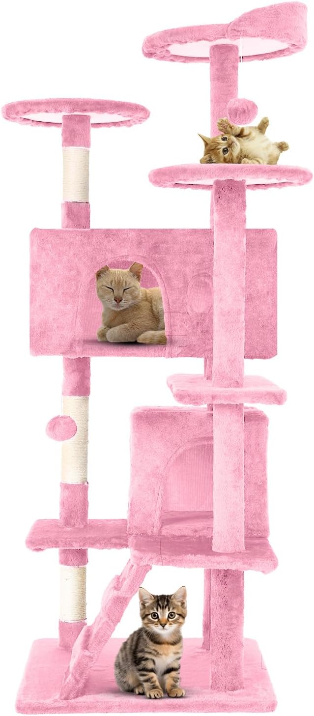 54.7 inches Cat Tower for Indoor Cats, Multi-Level Cat Condos with Scratching Posts, Hanging Toys, Pink-Mewly Pet