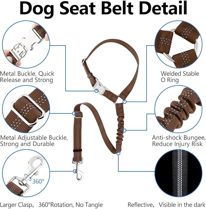 Plutus Pet Dog Seat Belt for Car Headrest, Reflective and Adjustable Restraint with Elastic Bungee for Safety, Vehicle Seatbelt Harness for Small Medium Large Dogs and Cats, Chocolate-Mewly Pet