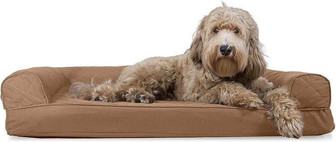 Furhaven Cooling Gel Dog Bed for Large/Medium Dogs w/ Removable Bolsters & Washable Cover, For Dogs Up to 55 lbs - Quilted Sofa - Toasted Brown, Large-Mewly Pet