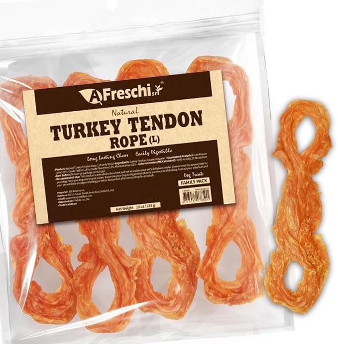 Afreschi Natural Turkey Tendon Rope (L) 10 oz, USA-Sourced Turkey Tendon, All Natural Puppy Chew, Hypoallergenic, Rawhide Alternative, for Large Breeds-Mewly Pet
