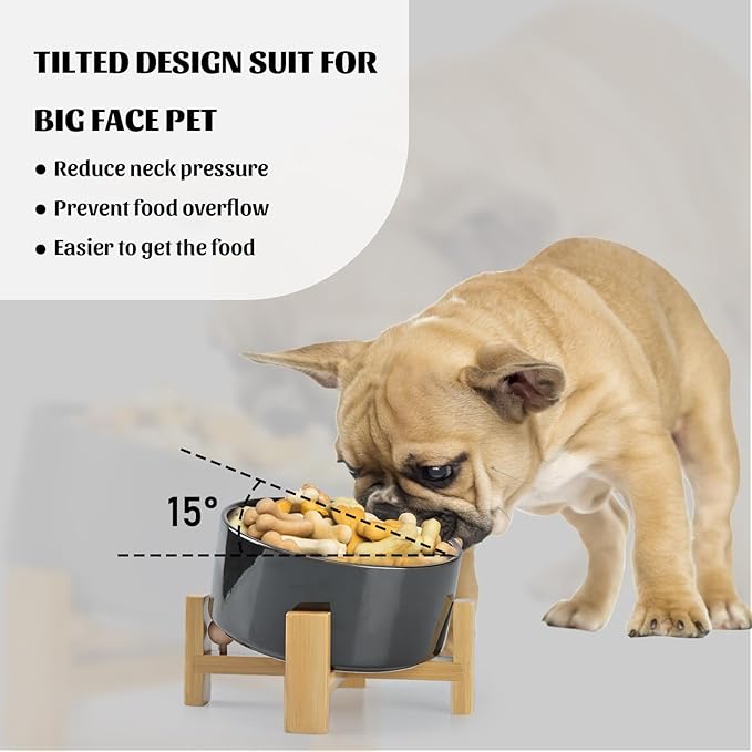 SPUNKYJUNKY 15° Slanted Ceramic Dog and Cat Bowl with Wooden Stand, Tilted Bulldog Food and Water Bowl No Slip Non-Spill for Cats Medium Dogs Big Face Pets 28.7 OZ (3.6 Cups, Starry Blue)-Mewly Pet