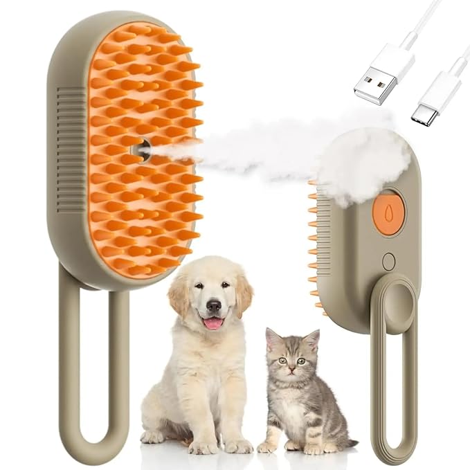 4 in 1 Cat Steam Brush Rechargeable pet spray comb Steam Brush for Cats and Dogs, Massage, Cleaning, Shedding & Combing Multifunctional Hair Removal Anti Static Grooming Tool for home (Beige)-Mewly Pet