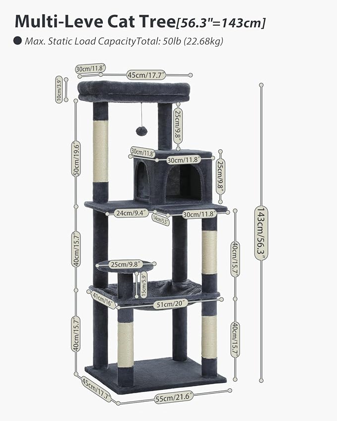Cat Tree for Large Cats with Metal Plush Big Hammock, 56.3" Cat Tower for Indoor Cats with 2 Door Condo House, 6-Tier Cat Shelves with Scratching Posts and Large Top Perch, Dark Gray-Mewly Pet