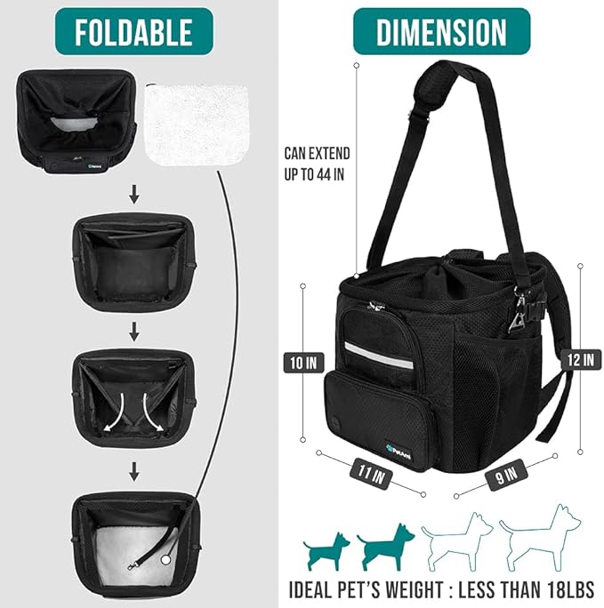 PetAmi Dog Bike Basket, Soft-Sided Ventilated Dog Bike Carrier Backpack, Pet Bicycle Basket for Bike Handlebar, Small Medium Puppy Cat Kitten Car Booster Seat with Safety Strap, Max 18 lbs, Black-Mewly Pet