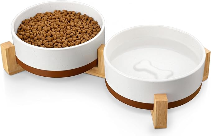 MALACASA Ceramic Dog Bowls, Dog Bowls for Medium Sized Dogs with Wood Stand - Pet Food & Water Bowl Set for Cat Medium Dogs, Weighted Glaze Matte.34 OZ (M-3.5 Cups)-Mewly Pet