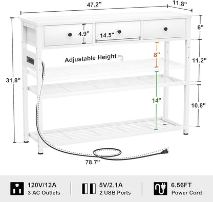 Ecoprsio 47'' Entryway Table with Outlets and USB Ports, Console Table with 3 Drawers, Sofa Table Narrow Long with Storage Shelves for Living Room, Couch, Hallway, Foyer, Kitchen Counter, White