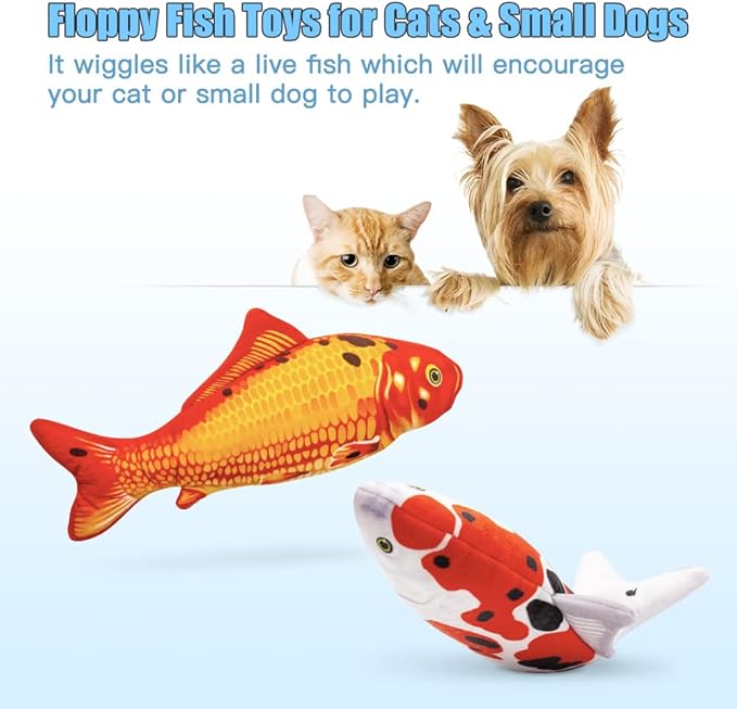 TOOGE 2 Pack 9" Floppy Fish Cat Toys with SilverVine and Catnip for Indoor Cats for Small Dogs Interactive Automatic Flopping Fish Cat Kicker Toys for Cats Puppy Small Dog-Mewly Pet