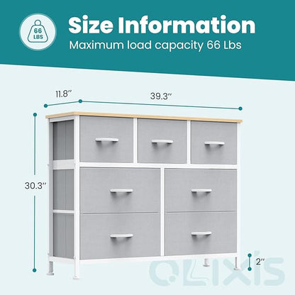 OLIXIS 7 Drawers Dresser for Bedroom, Fabric Storage Tower for Living Room, Entryway - Sturdy Steel Frame, Wooden Top and Easy Pull Fabric Bins, Closet Chests Organizer for Clothes,Light Gray