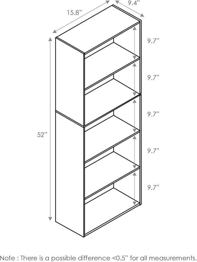 Furinno LUDER Book Shelf, 5-Tier Bookshelf, Bookcase, 9.4" x 15.8" x 52", for Living Room, Bedroom, Home Office, White/Green