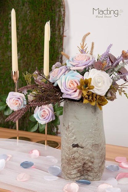 MACTING 60PCS Artificial Rose Flowers Real Touch Fake Flowers with Stem Foam Roses for DIY Wedding Bouquets Baby Shower Table Centerpieces Party Holiday Home Spring Mothers Day Decor(Light Rainbow)