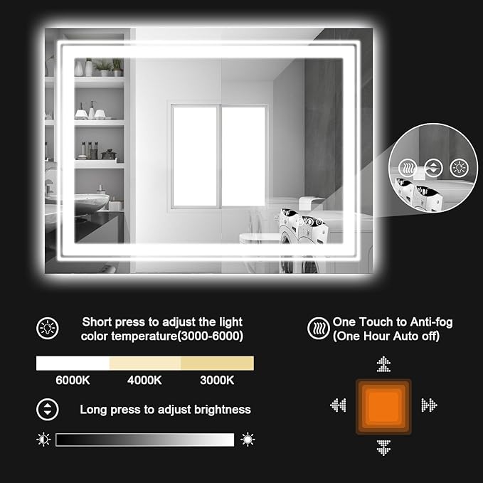 LED Bathroom Mirror, 48"X30" with Front and Backlit, Anti-Fog, Large Bathroom Vanity Mirror for Wall, Memory Function, Stepless Dimmable, Tempered Glass (Horizontal/Vertical)
