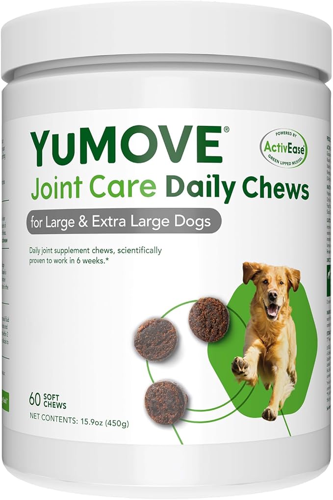 YuMOVE Hip & Joint Supplement for Dogs - with Glucosamine Chondroiton, Green Lipped Mussel, Hyaluronic Acid, and Omega 3 Joint Supplement for Stiffness and Mobility 60 Chews (Large/XL Dogs)-Mewly Pet
