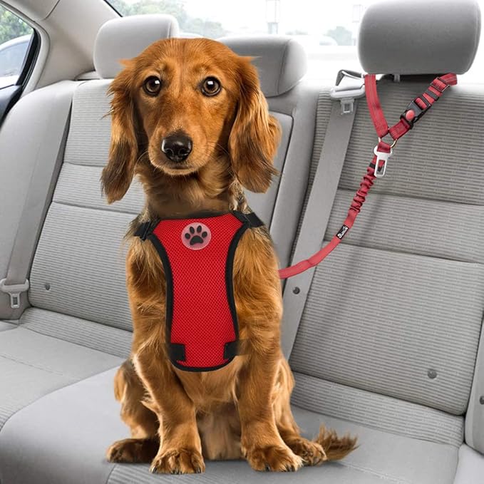 SlowTon Dog Seat Belt for Car, 2 Pack Dog Car Harness Seatbelt Adjustable with Elastic Bungee Buffer, 2 in 1 Pet Car Leash Headrest Restraint Dog Reflective Safety Tether (Red, Headrest+Clip)-Mewly Pet