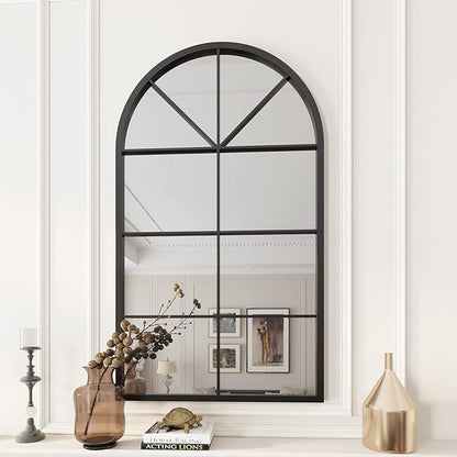 ironsmithn Arched Window Mirror, 41.3"x24" Grid Arch Mirror, Black Metal Windowpane Mirrors for Living Room Fireplace Entryway Bedroom Hallway Home Decor