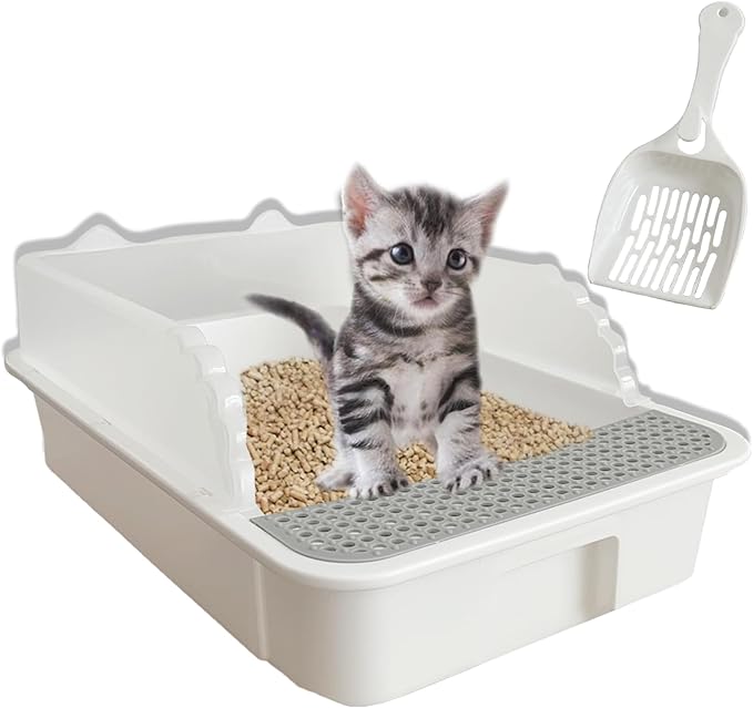 kathson Open Cat Litter Box with High Side,Anti-Splashing Cats Litter Pan,Kitten Toilet with Litter Sifting Scoop,Semi-Enclosed Removable Kittens Litter for Boxes Easy to Clean No Odor 11×17×7 inches-Mewly Pet