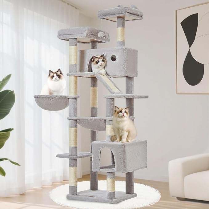 Taoqimiao Cat Tree 71-Inch, Cat Tower for Indoor Cats Large Adult, Multi-Level Large Cat Condo, 8 Sisal Scratching Posts, Metal Frame Cozy Hammock, Scratch Board, 2 Top Perches, Light Gray MS026LW-Mewly Pet