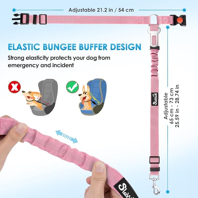 SlowTon Dog Seat Belt for Car, 2 Pack Dog Car Harness Seatbelt Adjustable with Elastic Bungee Buffer, 2 in 1 Pet Car Leash Headrest Restraint Dog Reflective Safety Tether (Pink, Headrest+Clip)-Mewly Pet