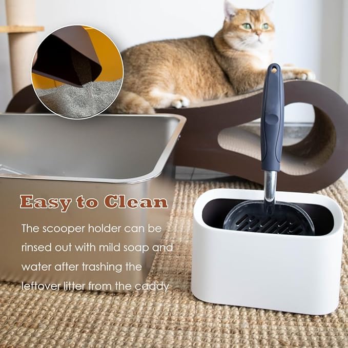 Heavy-Duty Metal Cat Litter Scoop with Holder, Aluminum Cats Litter Scooper Captures All Clumps, Kitty Metal Scooper and Holder (White)-Mewly Pet