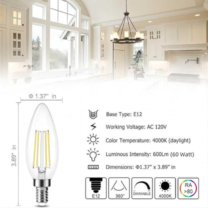 Cotanic Dimmable E12 LED Candelabra Bulb 4000K Daylight, Ceiling Fan Light Bulbs Small Base,60W Equivalent,Type B Bulb for Chandelier,Vintage B11 LED Candle Shape with Clear Glass,600LM,12 Pack