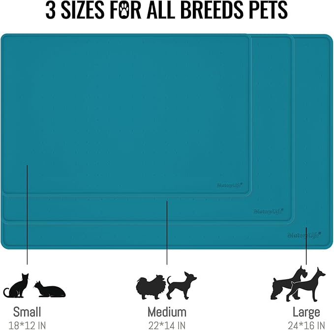 MateeyLife Dog & Cat Food Water Mat for Floors Waterproof, Nonslip Pets Bowl Feeding Mats with Raised Edges, Silicone Matt Tray for Messy Drinkers, 18"x12", Teal-Mewly Pet