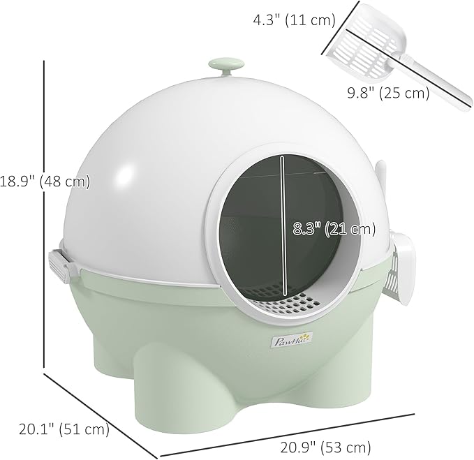 PawHut Hooded Cat Litter Box, Large Kitty Litter Pan with Lid, Scoop, Leaking Sand Pedal, Top Handle, Light Green-Mewly Pet