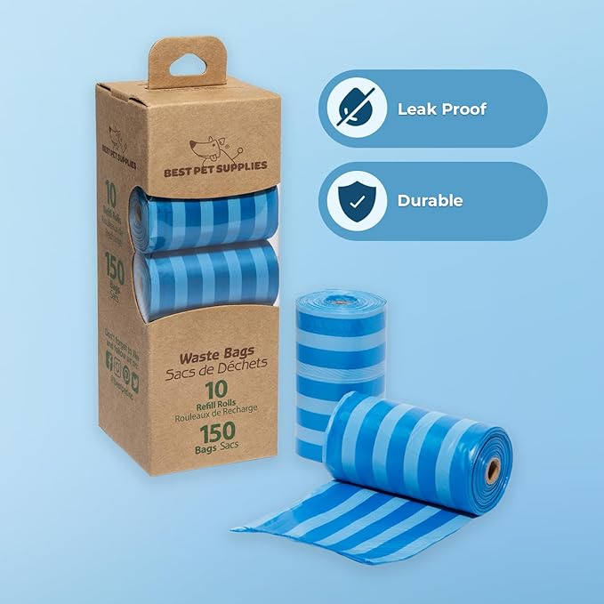 Best Pet Supplies Dog Poop Bags (150 Bags) for Waste Refuse Cleanup, Doggy Roll Replacements for Outdoor Puppy Walking and Travel, Leak Proof and Tear Resistant, Thick Plastic - Blue Strips-Mewly Pet