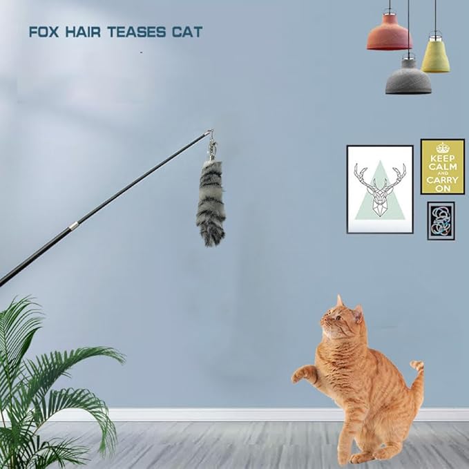 Interactive Cat Wand Toy with Cat Dancer, Retractable Feather Fox Tail Teaser for Indoor Cats, Enrichment Play Kittens to Senior Cats(Arctic White)-Mewly Pet