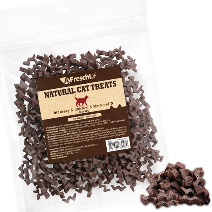 Afreschi Natural Cat Treats Turkey & Chicken & Mackerel W Shape 6 oz, All-Natural, High-Protein, Grain-Free, Healthy, Low-Fat, Easily Digestible-Mewly Pet