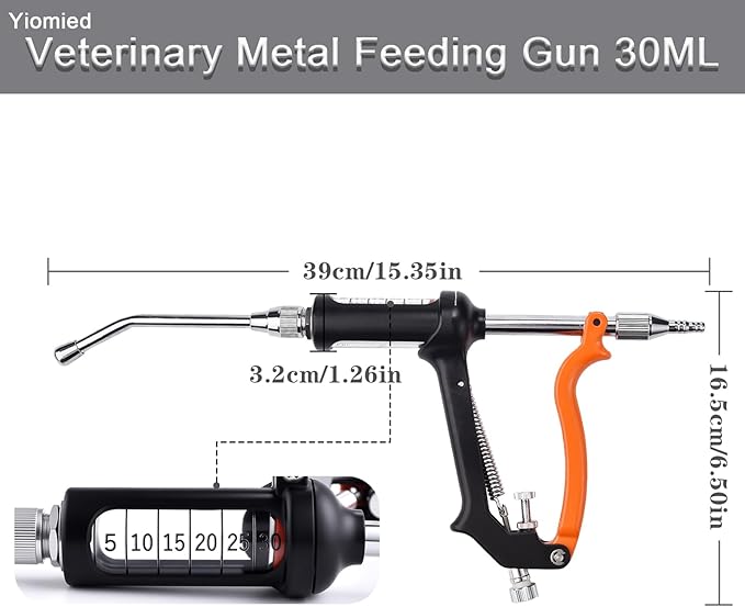 30ML Veterinary Metal Feeding Gun, Continuous Drench Gun Dosing Device Veterinary Adjustable Medicine Dispenser Husbandry Autonomous Feeding Tool, Pig Cattle, Sheep, Horse for Drench Gun-Mewly Pet