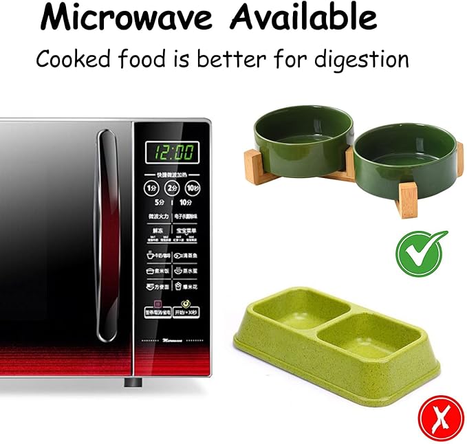 Petygooing Dog Bowls,Ceramic Cat Dog Bowl Set with Wood Stand for Food and Water,Non-Slip Cute Modern Pet Dish for Cats and Small Size Dogs (13.5OZ/5.1 in) Rust Green-Mewly Pet