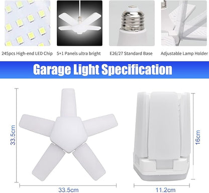 Led Garage Lights 4 Pack, Coomoors 80W LED Shop Light, 8000LM 6500K E26/E27 Garage Ceiling Light with 5 Adjustable Panels 80W-4 Pack