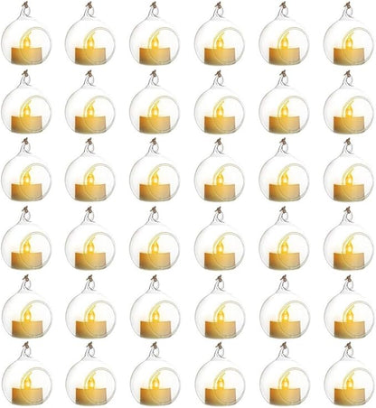 Sziqiqi Hanging Glass Globes Orbs Tea Light Candle Holders with Flameless LED Tealight for Wedding Ornaments, Wedding Birthday Christmas Party Centerpiece Accessory 2.36inch 30pcs +6 Extra